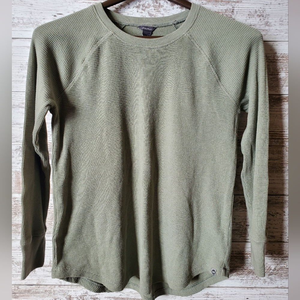 Eddie Bauer Green Waffle Knit Thermal Long Sleeve Crewneck Top Raglan
